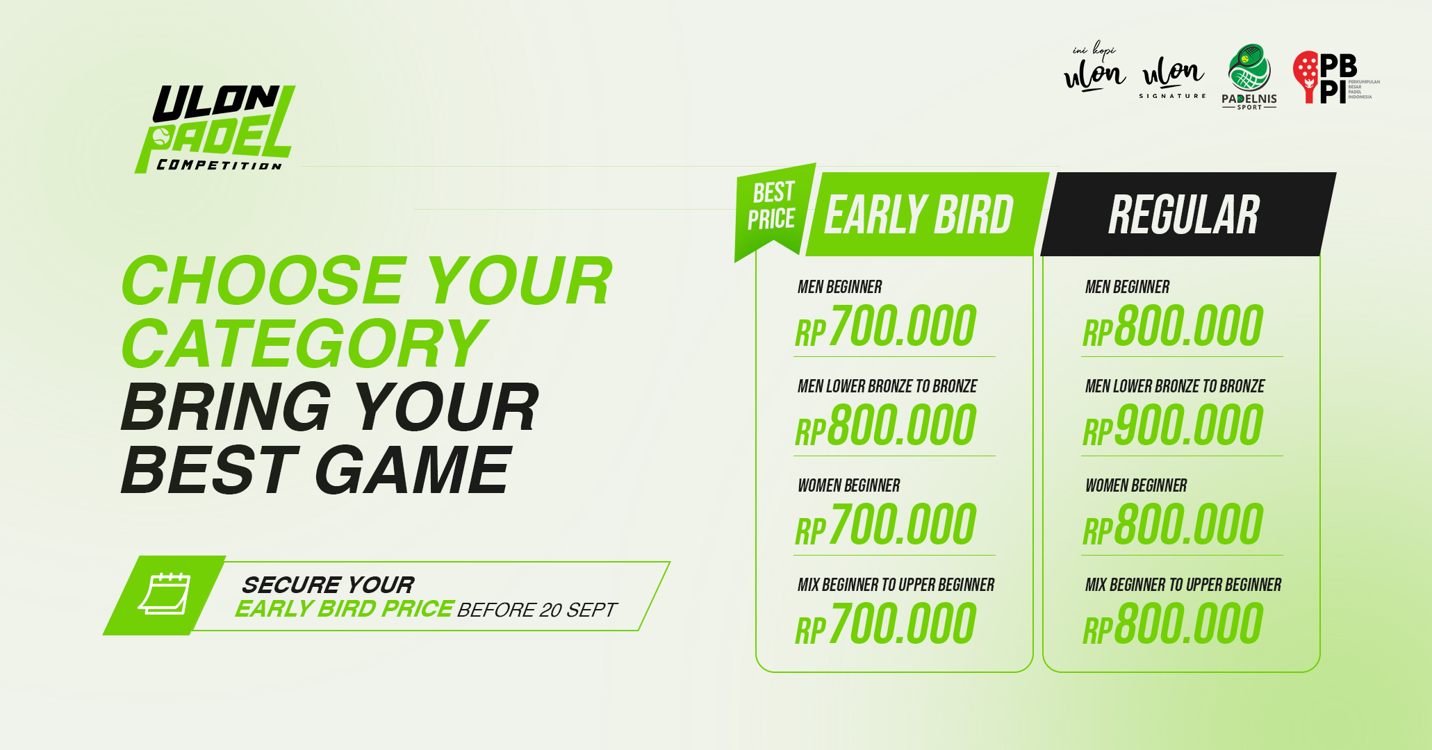 Pilihan kategori dan harga tiket early bird dan reguler